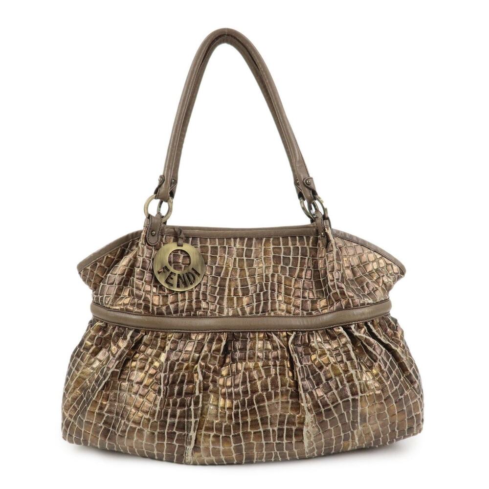 Fendi Embossed Leather Gathered Shoulder Bag Brown